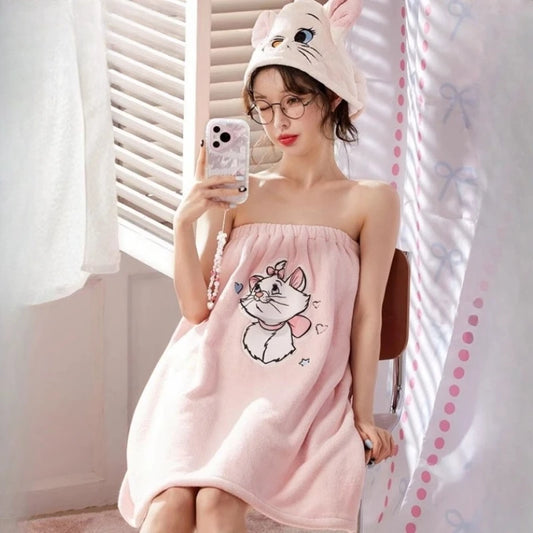 Anime Disney Mary Cat Bath Skirt Cartoon Cute Women's Coral Velvet Absorbent Dry Hair Cap Shower Dress 3-Piece Set Household Use